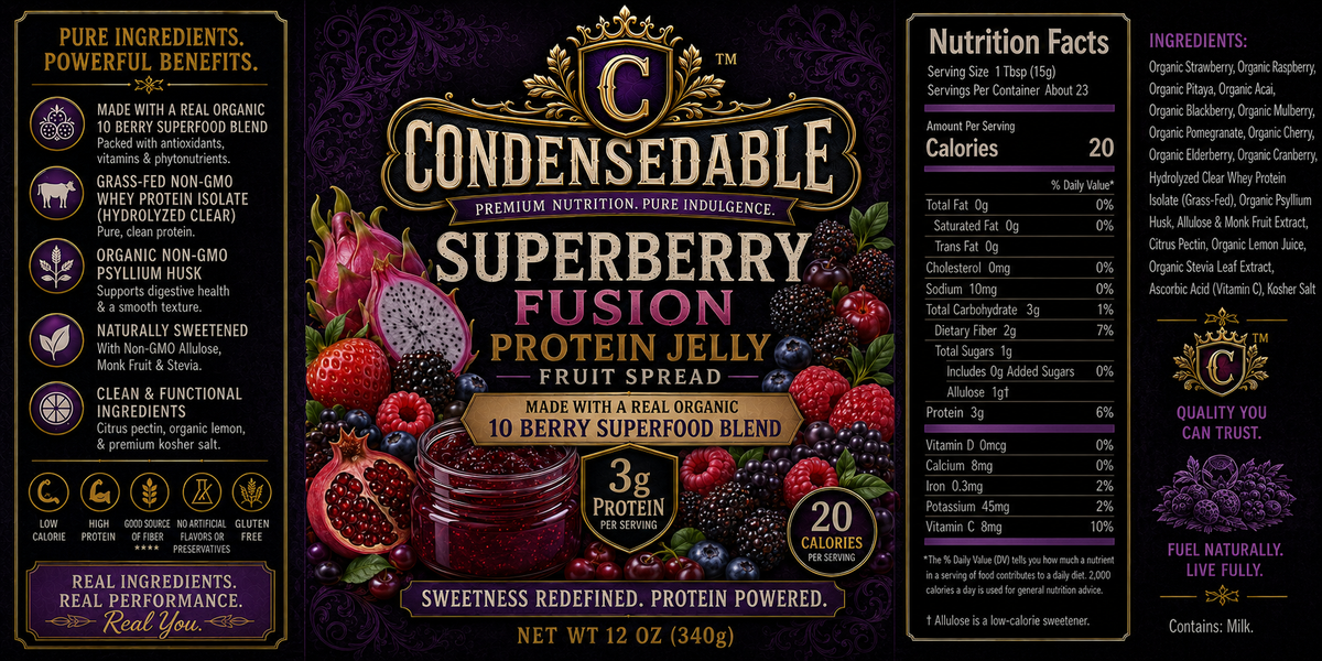 Front and back packaging of a jar of Condensedable Superberry Fusion Protein Spread Jelly, showing the flavor blend details, ingredients, and nutrition facts on a dark purple background.