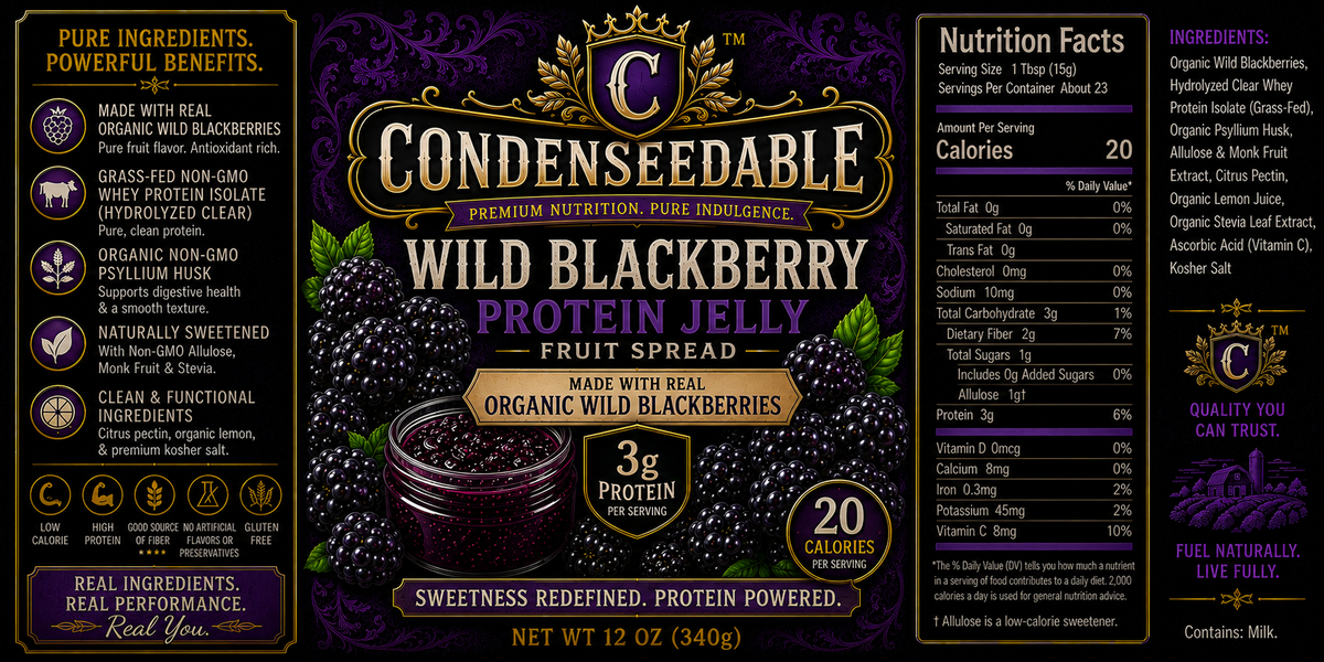 Front and back packaging of Condenseedable Wild Blackberry Protein Jelly Fruit Spread, showing the front label with product name, ingredients, and benefits alongside the back nutrition facts panel.