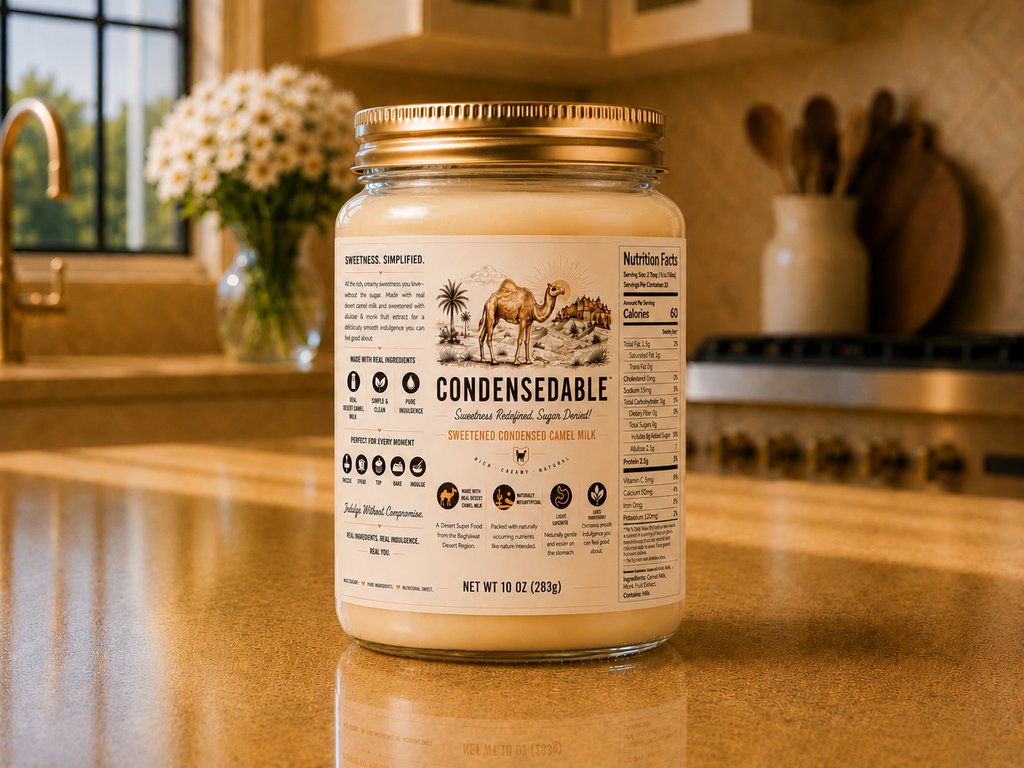 Jar of 'Condensedable' on a kitchen counter with a window and flowers in the background