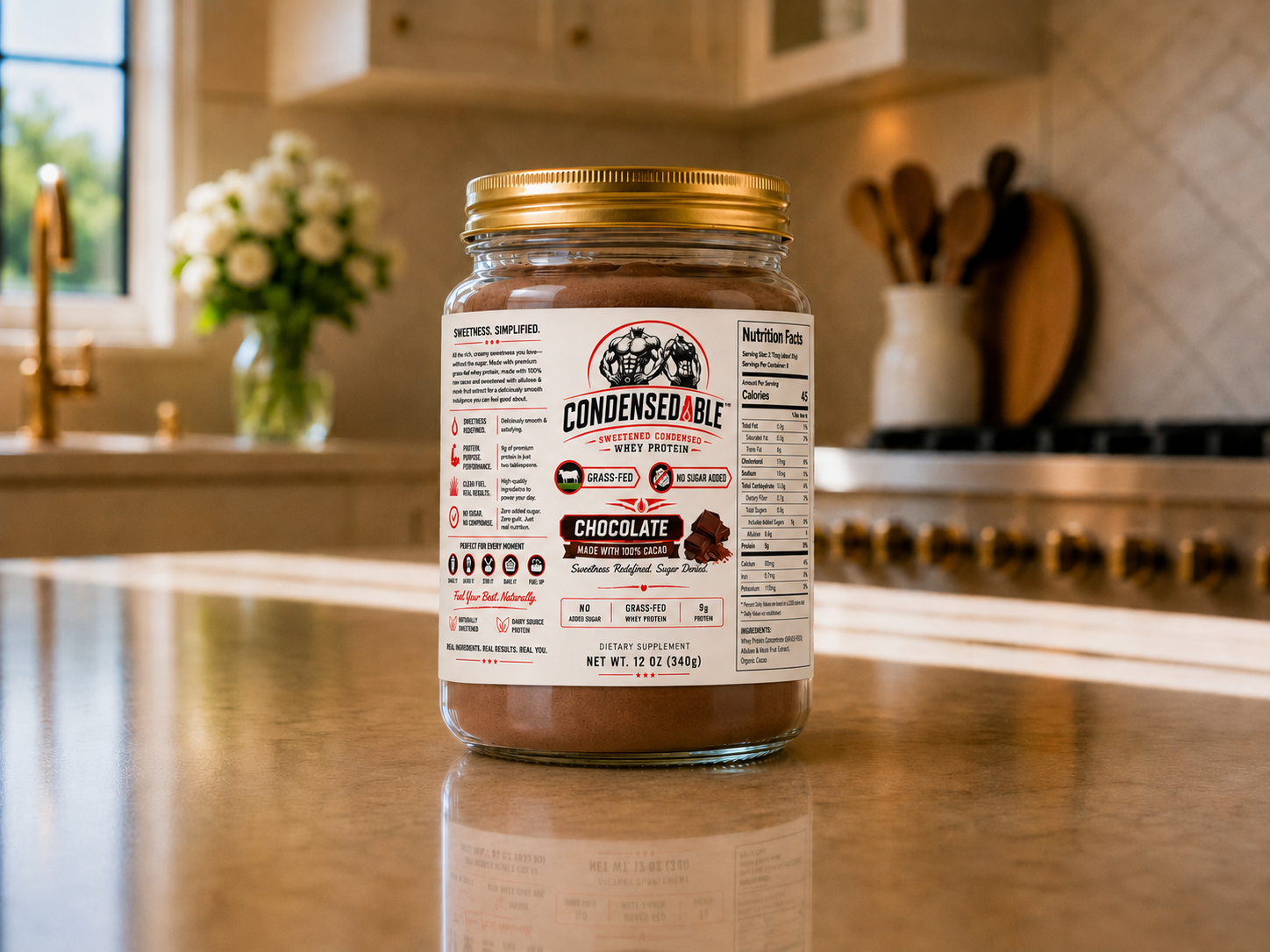 Jar of 'Condensed & Co.' chocolate protein powder on a kitchen counter