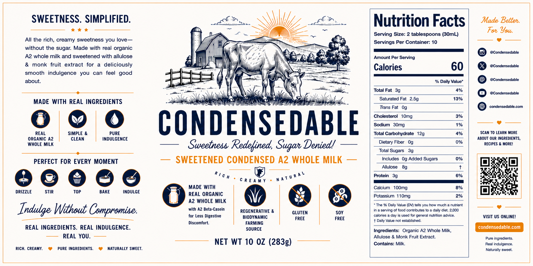 Product label for 'Condensedable' sweetened condensed AZ whole milk with nutritional information and branding details.