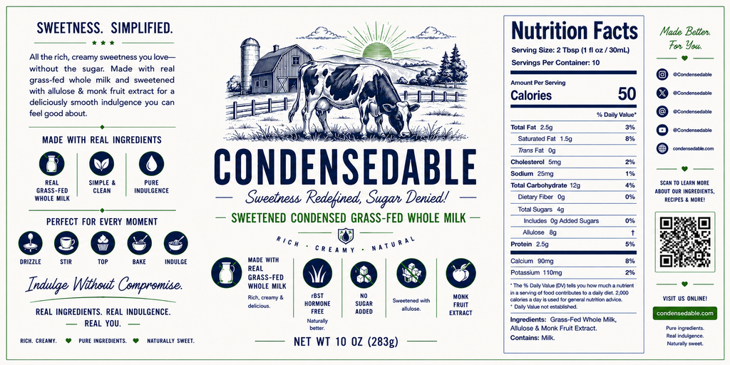 Label of Condensedable sweetened condensed grass-fed whole milk with nutritional information and branding details.