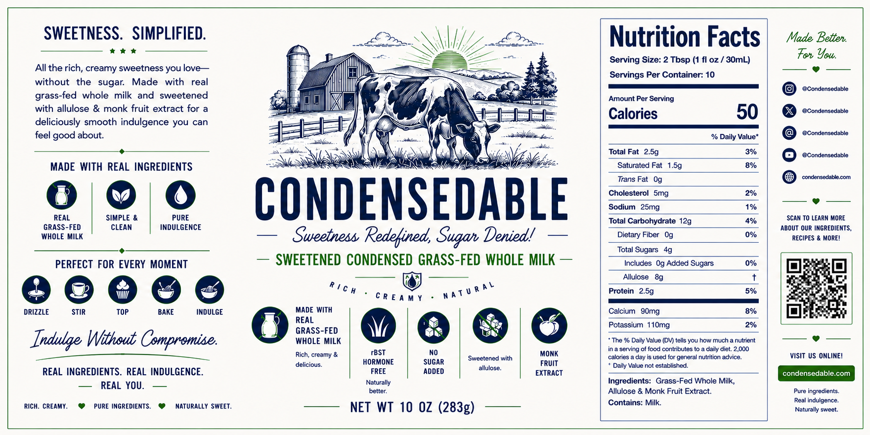 Label of Condensedable sweetened condensed grass-fed whole milk with nutritional information and branding details.
