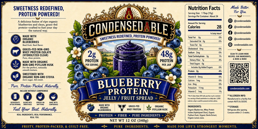 CONDENSEDABLE™ Blueberry Protein Jelly / Fruit Spread 12oz. (In Glass Jar)