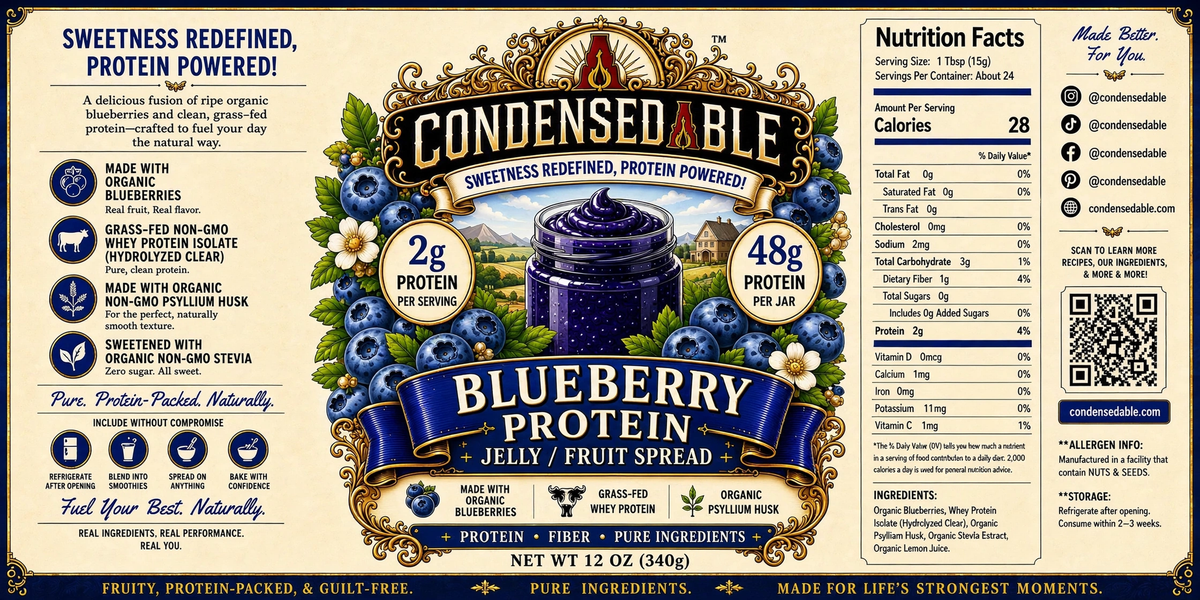 CONDENSEDABLE™ Blueberry Protein Jelly / Fruit Spread 12oz. (In Glass Jar)