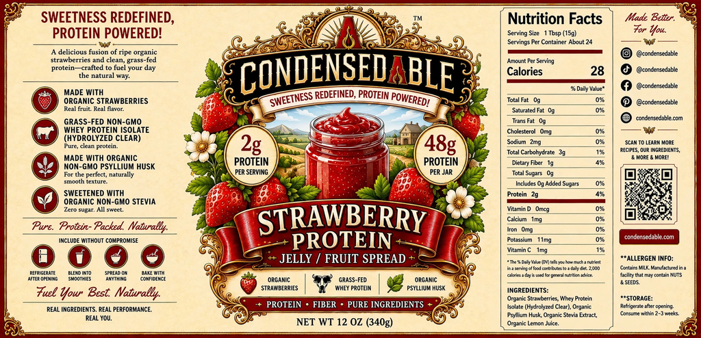 CONDENSEDABLE™ Strawberry Protein Jelly / Fruit Spread 12oz. (In Glass Jar)
