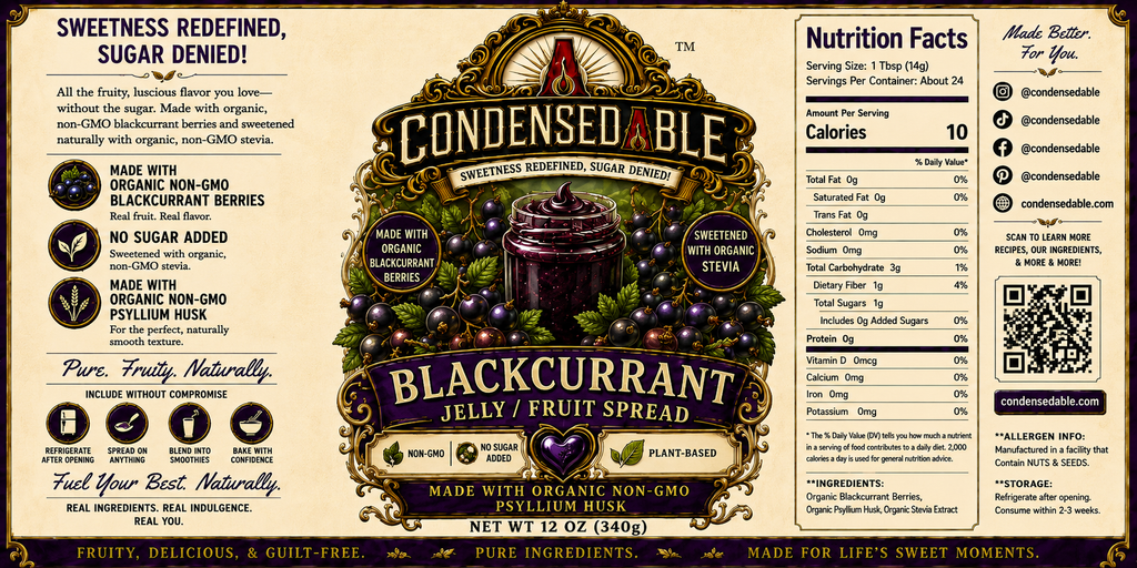 CONDENSEDABLE™ Blackcurrant Jelly / Fruit Spread | No Sugar Added | Plant-Based | (In Glass Jar)