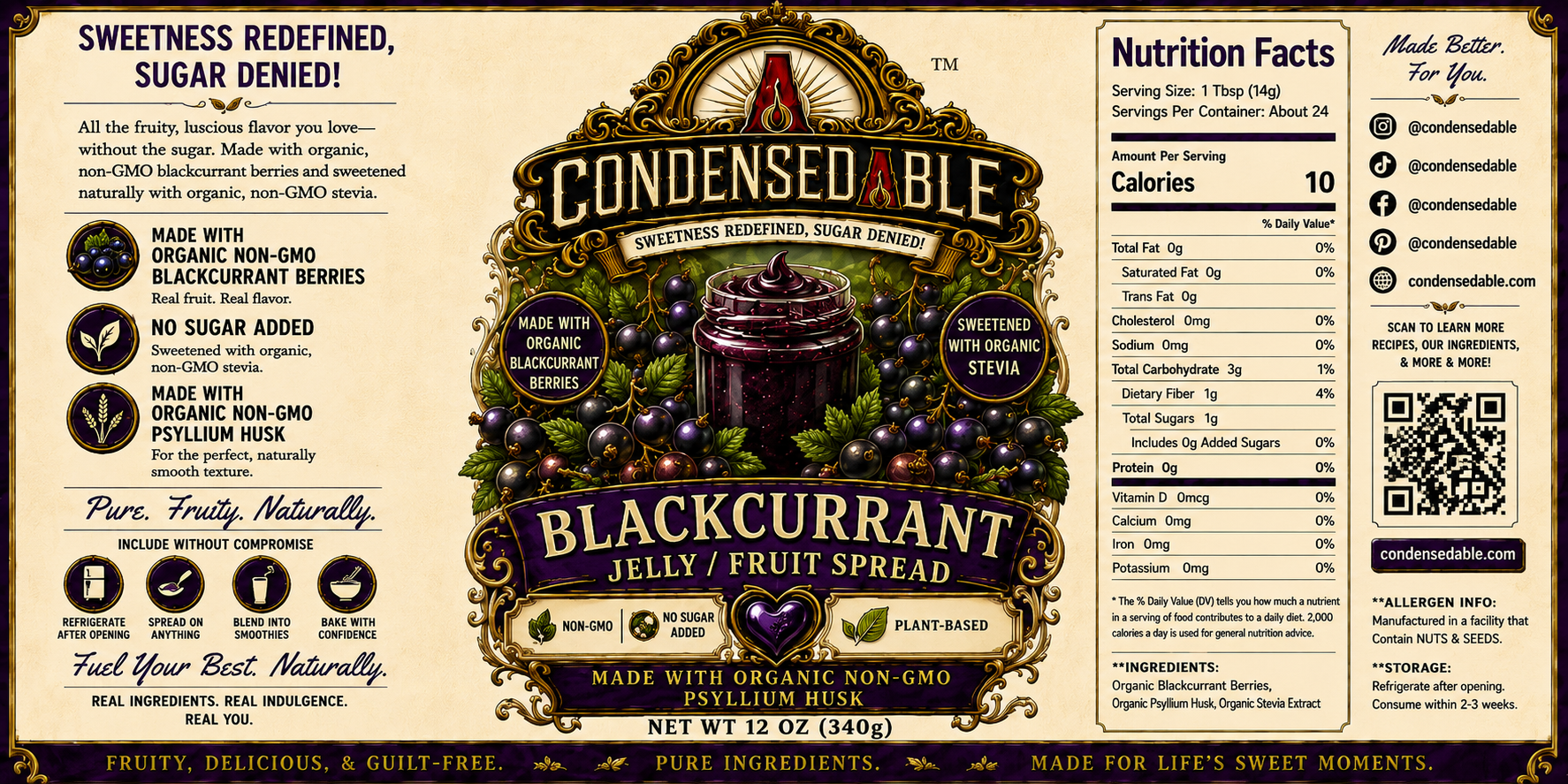 CONDENSEDABLE™ Blackcurrant Jelly / Fruit Spread | No Sugar Added | Plant-Based | (In Glass Jar)