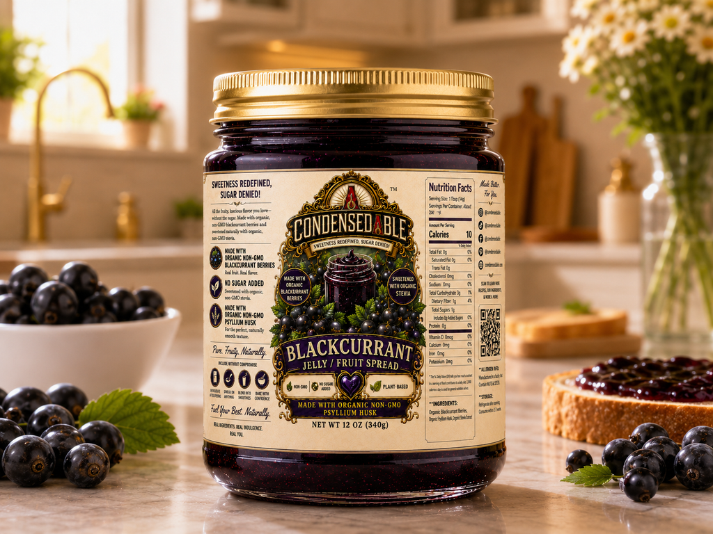 CONDENSEDABLE™ Blackcurrant Jelly / Fruit Spread | No Sugar Added | Plant-Based | (In Glass Jar)