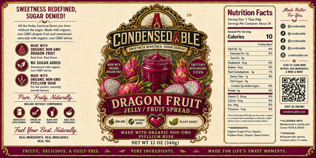 Condensedable™ Dragon Fruit Jelly / Fruit Spread | No Sugar Added | Plant-Based | (In Glass Jar)