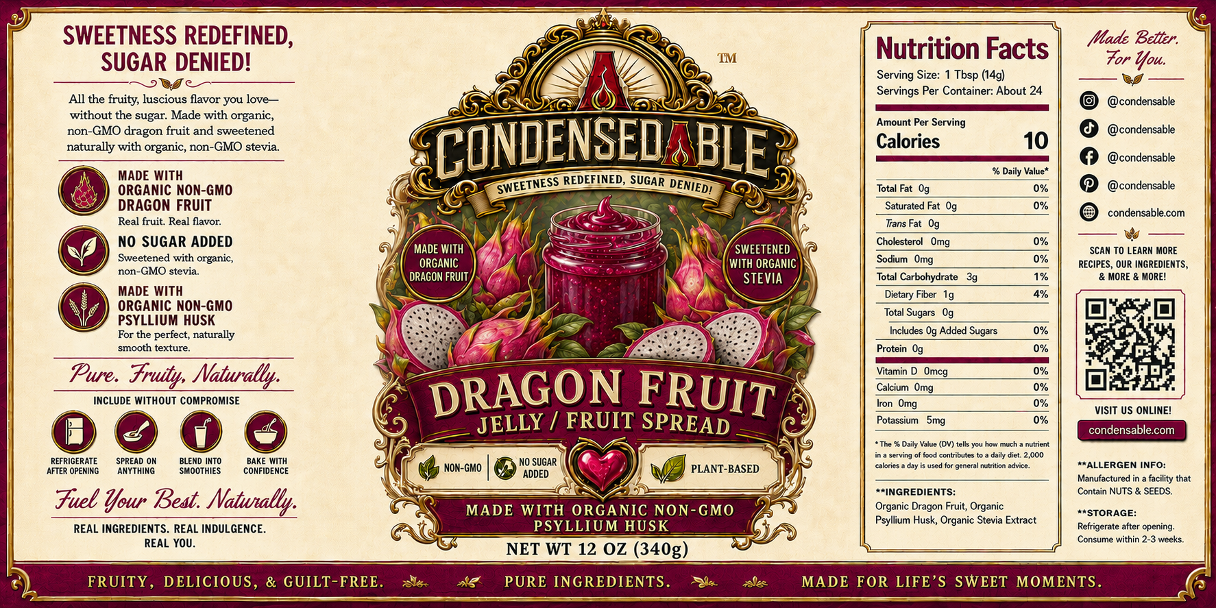 Condensedable™ Dragon Fruit Jelly / Fruit Spread | No Sugar Added | Plant-Based | (In Glass Jar)