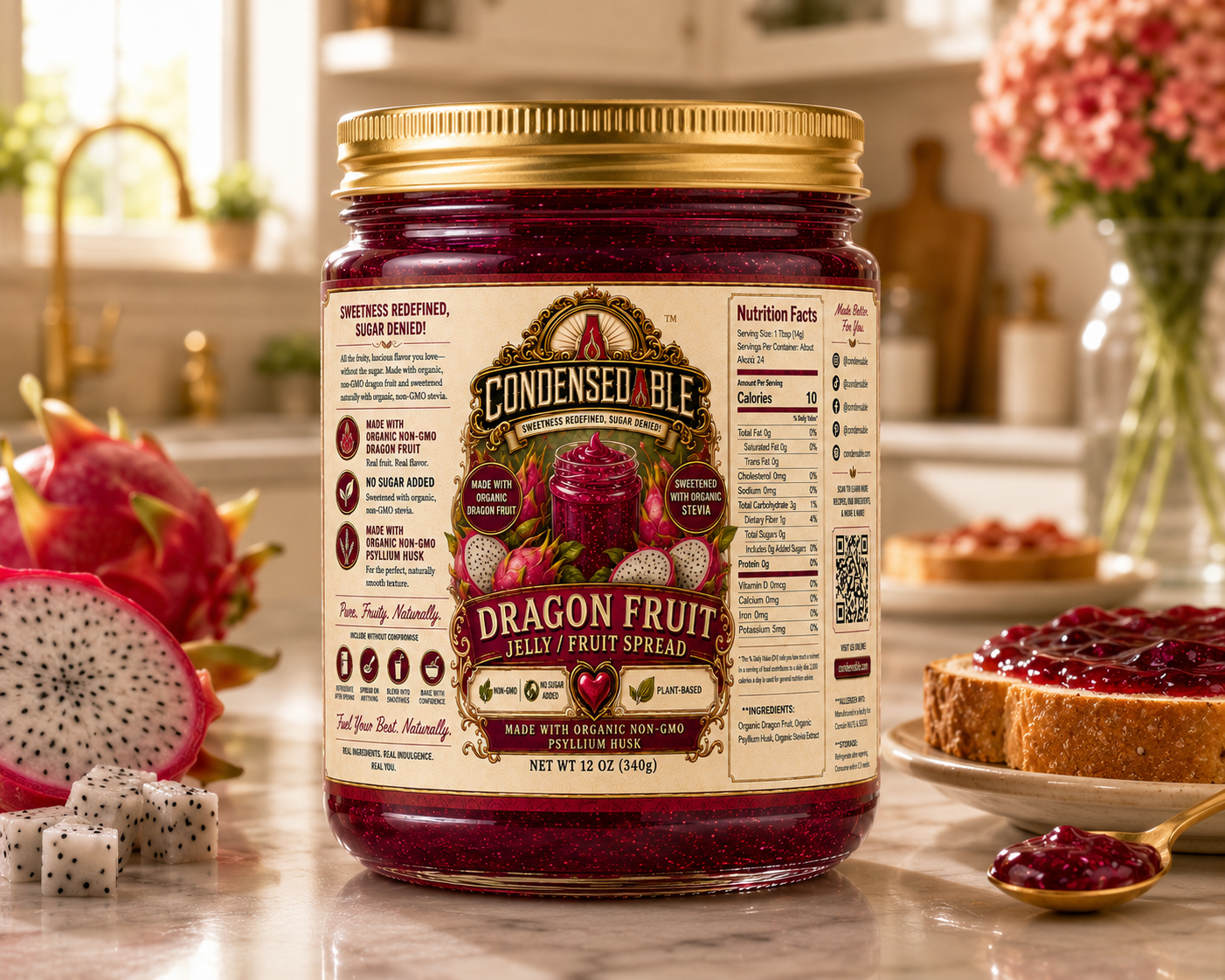 Condensedable™ Dragon Fruit Jelly / Fruit Spread | No Sugar Added | Plant-Based | (In Glass Jar)