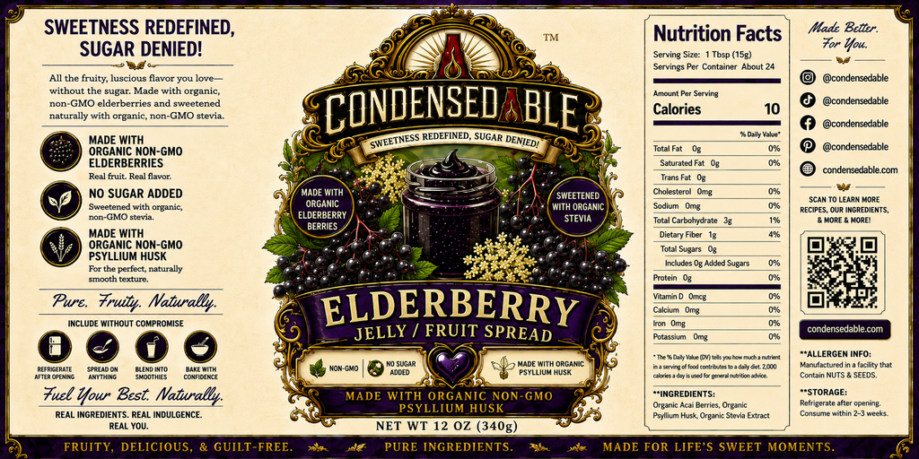 CONDENSEDABLE™ Elderberry Jelly / Fruit Spread | No Sugar Added | Plant-Based | (In Glass Jar)