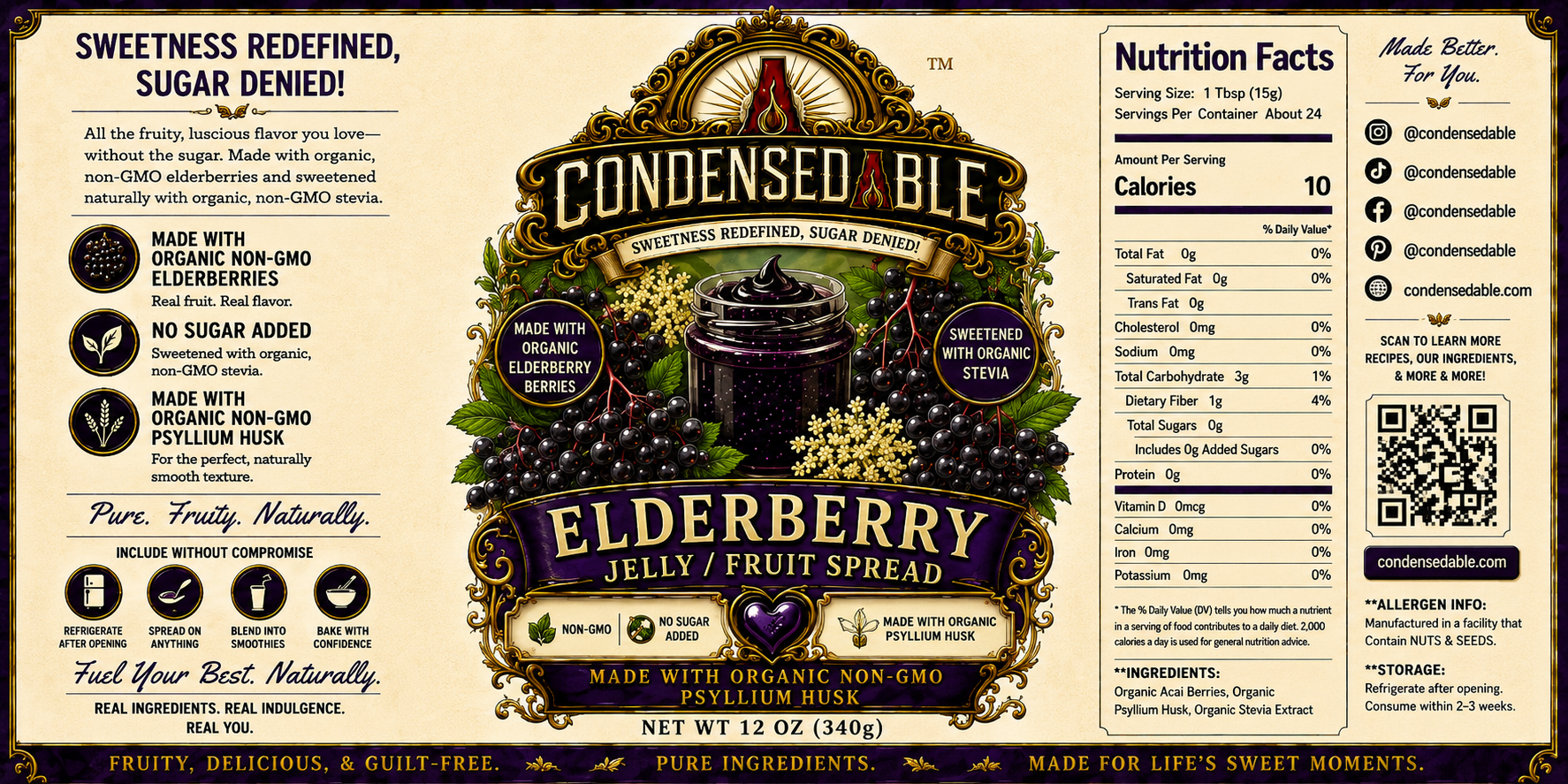 CONDENSEDABLE™ Elderberry Jelly / Fruit Spread | No Sugar Added | Plant-Based | (In Glass Jar)