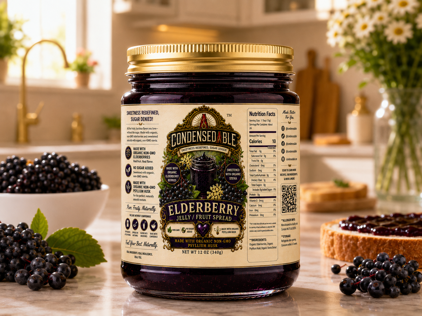 CONDENSEDABLE™ Elderberry Jelly / Fruit Spread | No Sugar Added | Plant-Based | (In Glass Jar)