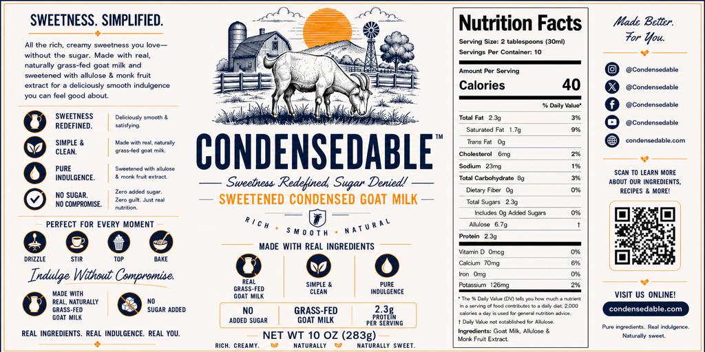 Nutrition label for Condensedable sweetened condensed goat milk with branding and QR code.