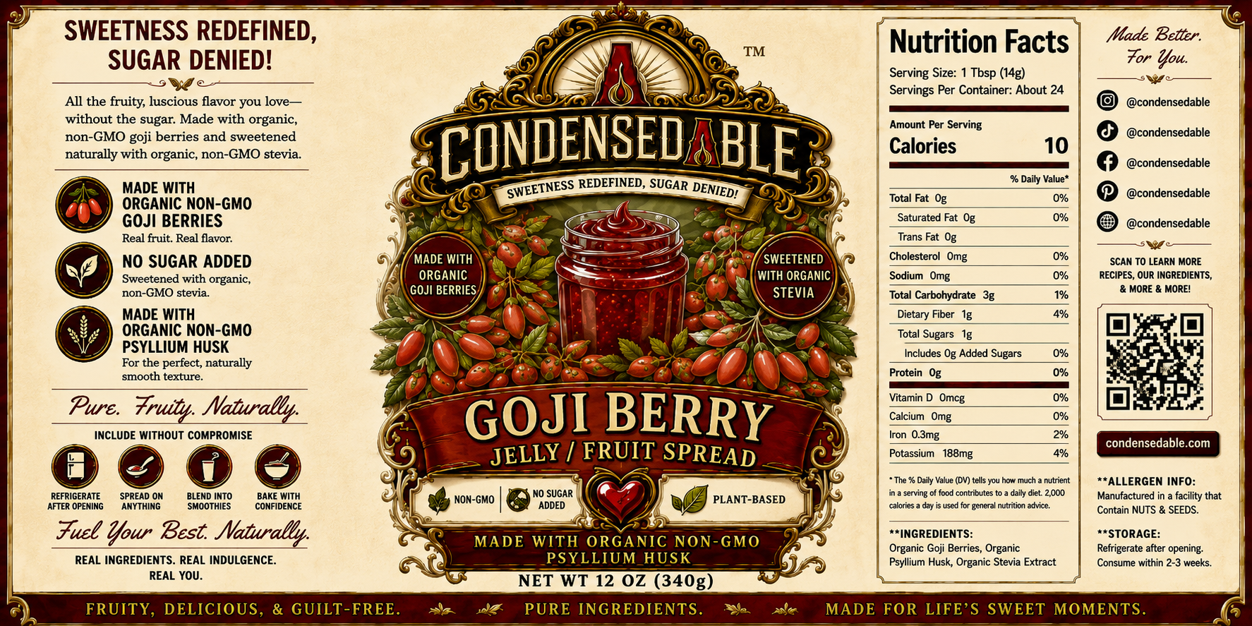 CONDENSEDABLE™ Goji Berry Jelly / Fruit Spread | No Sugar Added | Plant-Based | (In Glass Jar)