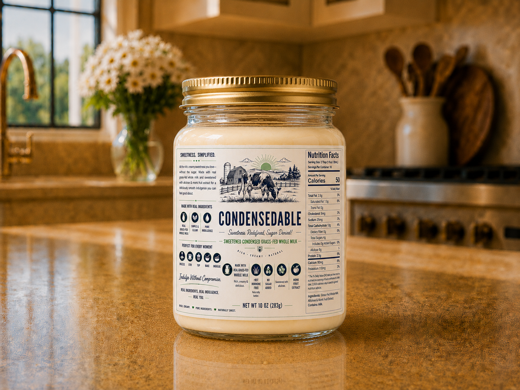 Jar of 'Condensable' on a kitchen counter with a blurred background