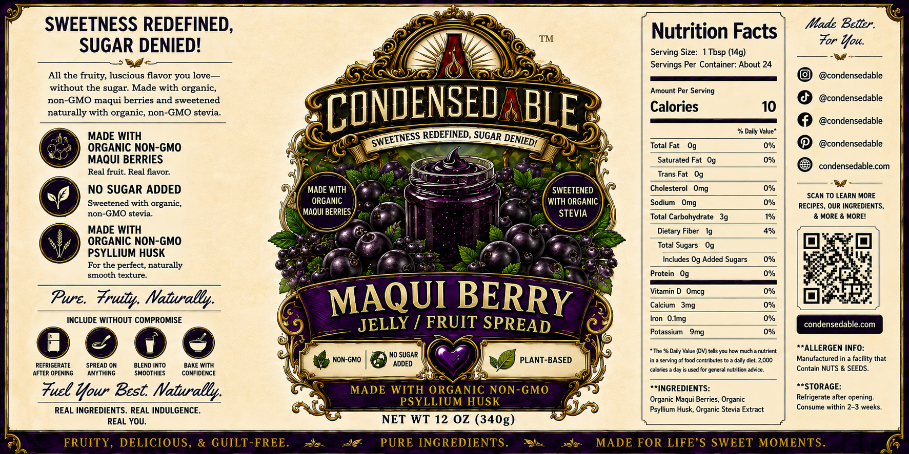 CONDENSEDABLE™ Maqui Berry Jelly / Fruit Spread | No Sugar Added | Plant-Based | (In Glass Jar)