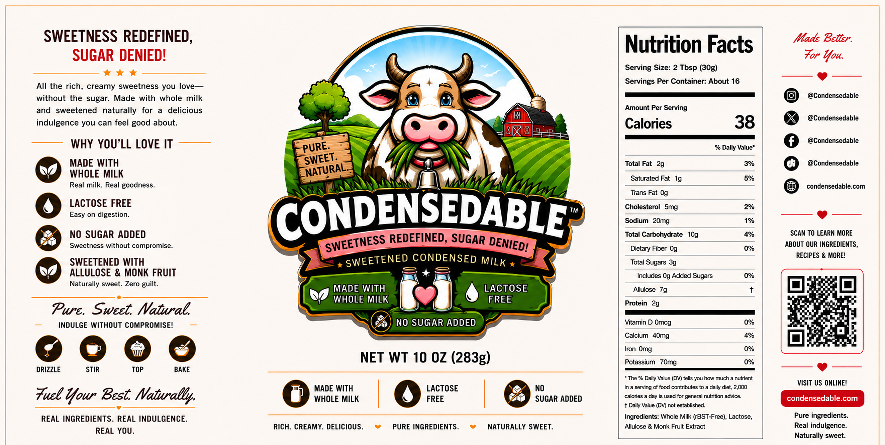 Label of Condensedable sweetened condensed milk with cow illustration, nutrition facts, and QR code.