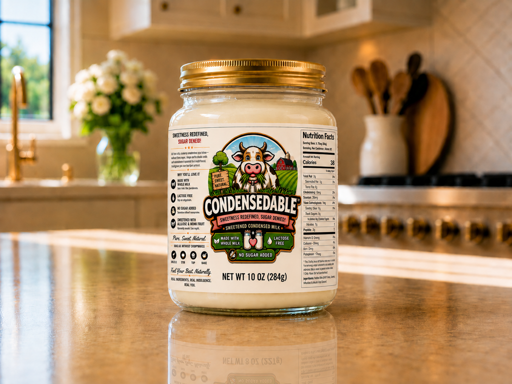 Jar of Condensable milk on a kitchen counter with a cow illustration on the label.