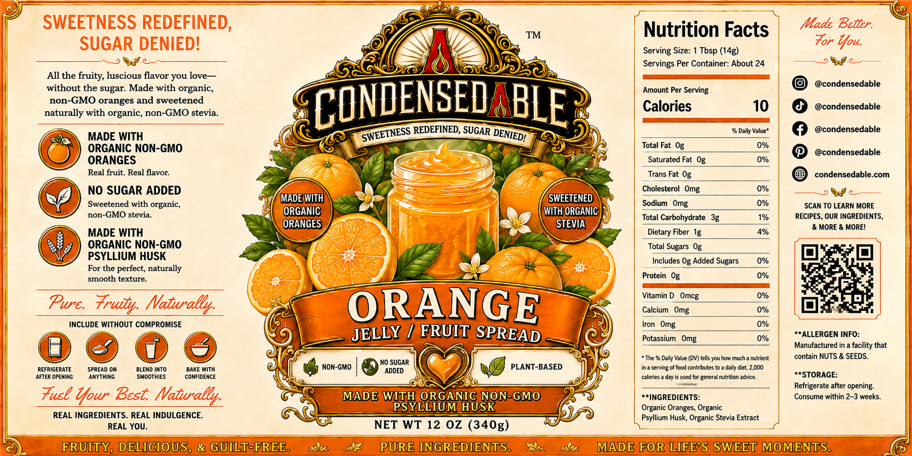 CONDENSEDABLE™ Orange Jelly / Fruit Spread | No Sugar Added | Plant-Based | (In Glass Jar)