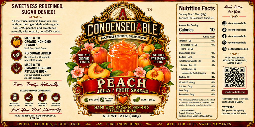CONDENSEDABLE™ Peach Jelly / Fruit Spread | No Sugar Added | Plant-Based | (In Glass Jar)