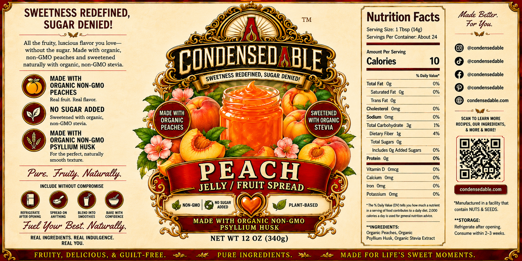 CONDENSEDABLE™ Peach Jelly / Fruit Spread | No Sugar Added | Plant-Based | (In Glass Jar)