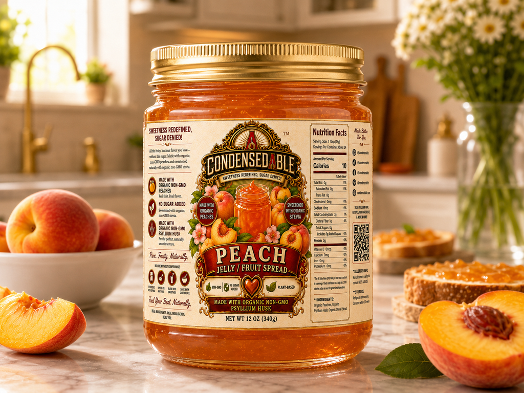 CONDENSEDABLE™ Peach Jelly / Fruit Spread | No Sugar Added | Plant-Based | (In Glass Jar)