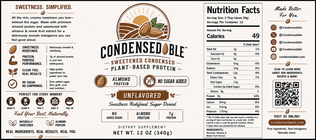 Condensedable™ Sweetened Condensed Plant-Based Protein – Almond Protein - Unflavored (In Glass Jar)
