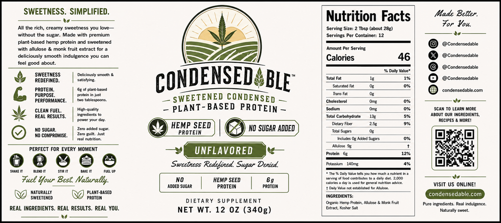 Condensedable™ Sweetened Condensed Plant-Based Protein – Hemp Seed Protein - Unflavored (In Glass Jar)