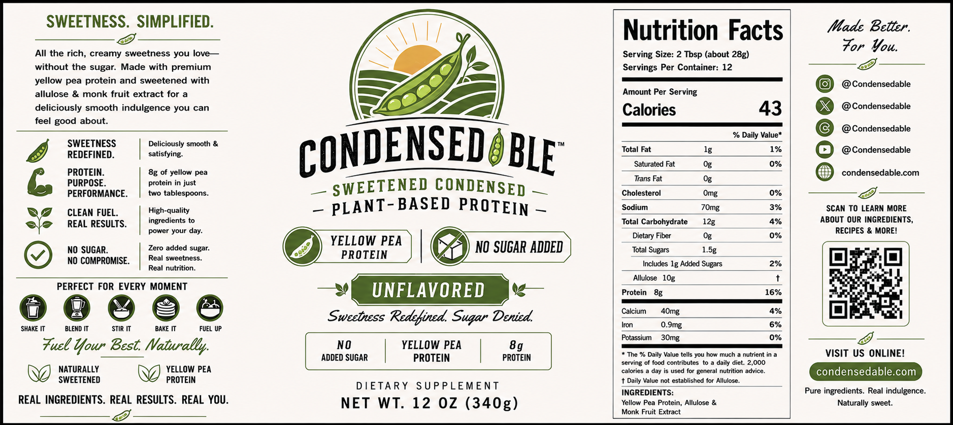 Condensedable™ Sweetened Condensed Plant-Based Protein – Yellow Pea Protein - Unflavored (In Glass Jar)