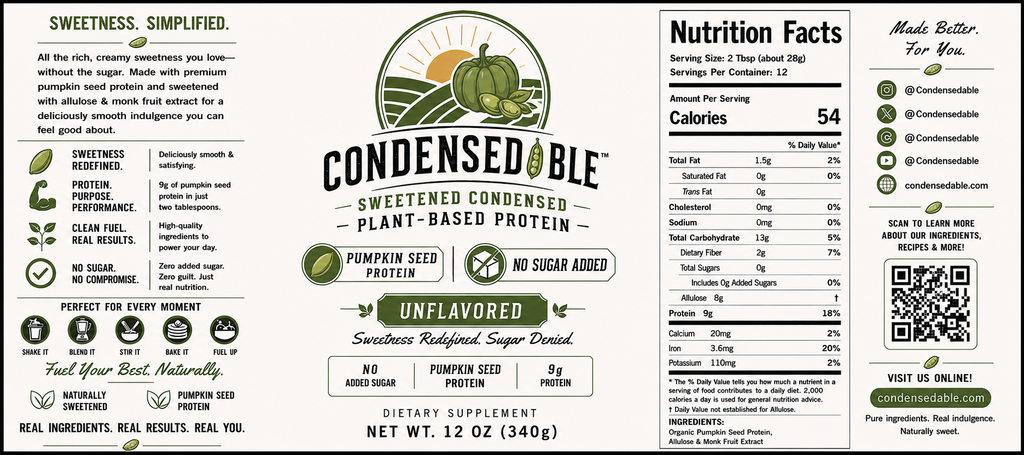 Condensedable™ Sweetened Condensed Plant-Based Protein – Pumpkin Seed Protein - Unflavored (In Glass Jar)