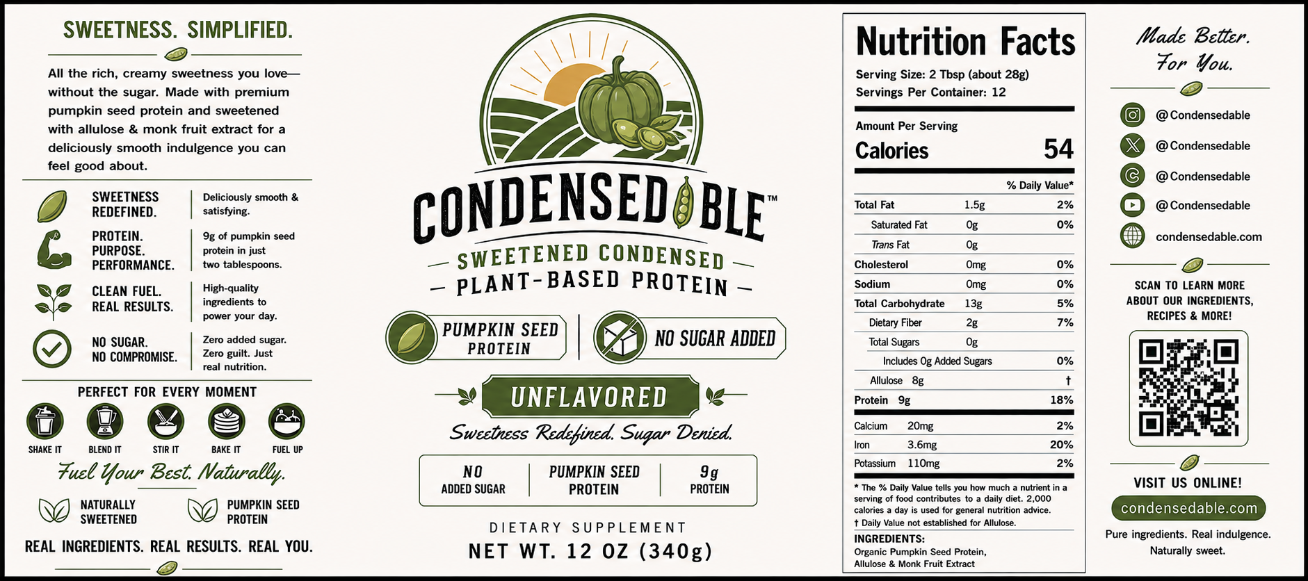 Condensedable™ Sweetened Condensed Plant-Based Protein – Pumpkin Seed Protein - Unflavored (In Glass Jar)