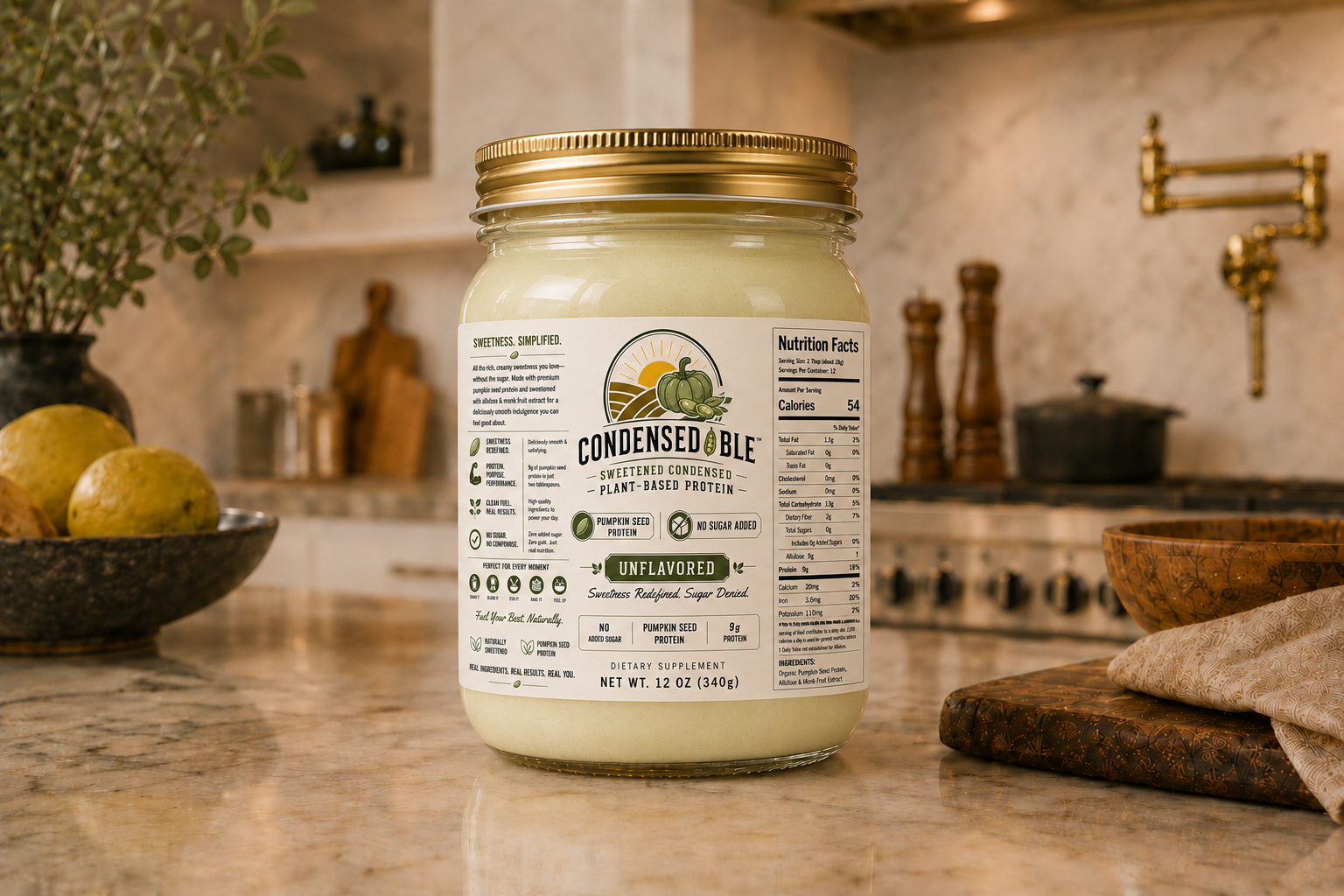 Condensedable™ Sweetened Condensed Plant-Based Protein – Pumpkin Seed Protein - Unflavored (In Glass Jar)