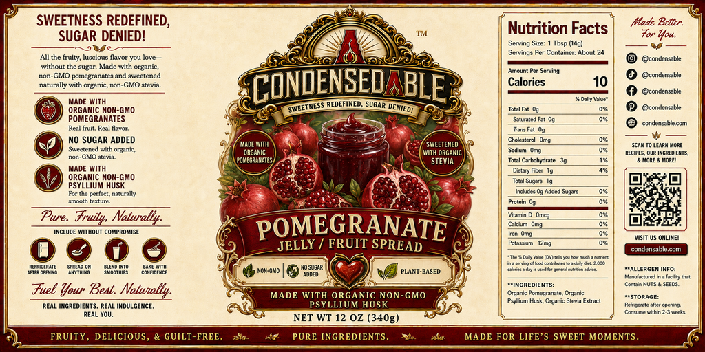 Condensedable™ Pomegranate Jelly / Fruit Spread | No Sugar Added | Plant-Based | (In Glass Jar)