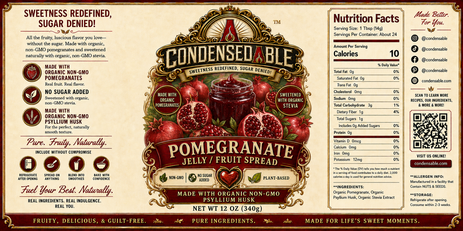 Condensedable™ Pomegranate Jelly / Fruit Spread | No Sugar Added | Plant-Based | (In Glass Jar)