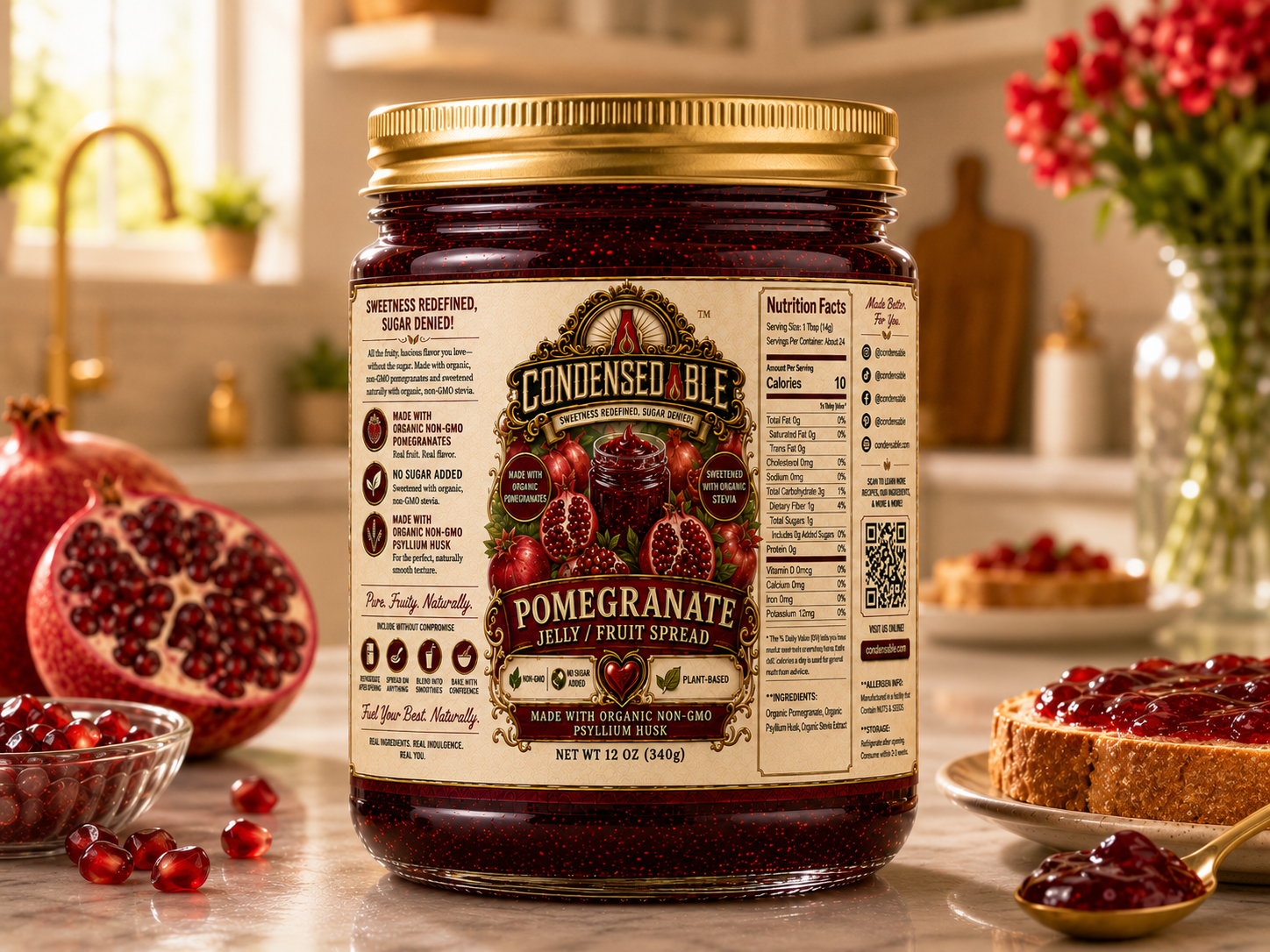 Condensedable™ Pomegranate Jelly / Fruit Spread | No Sugar Added | Plant-Based | (In Glass Jar)