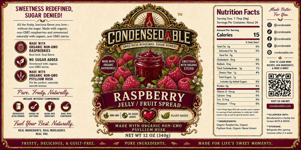 Condensedable™ Raspberry Jelly / Fruit Spread | No Sugar Added | Plant-Based | (In Glass Jar)