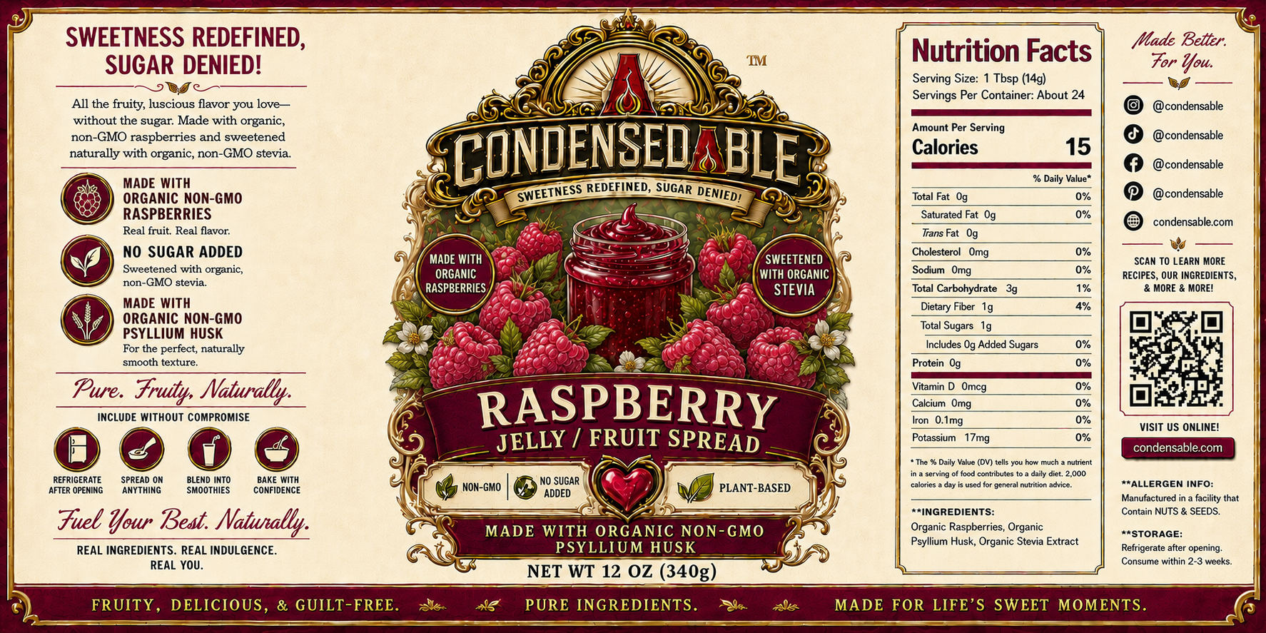 Condensedable™ Raspberry Jelly / Fruit Spread | No Sugar Added | Plant-Based | (In Glass Jar)