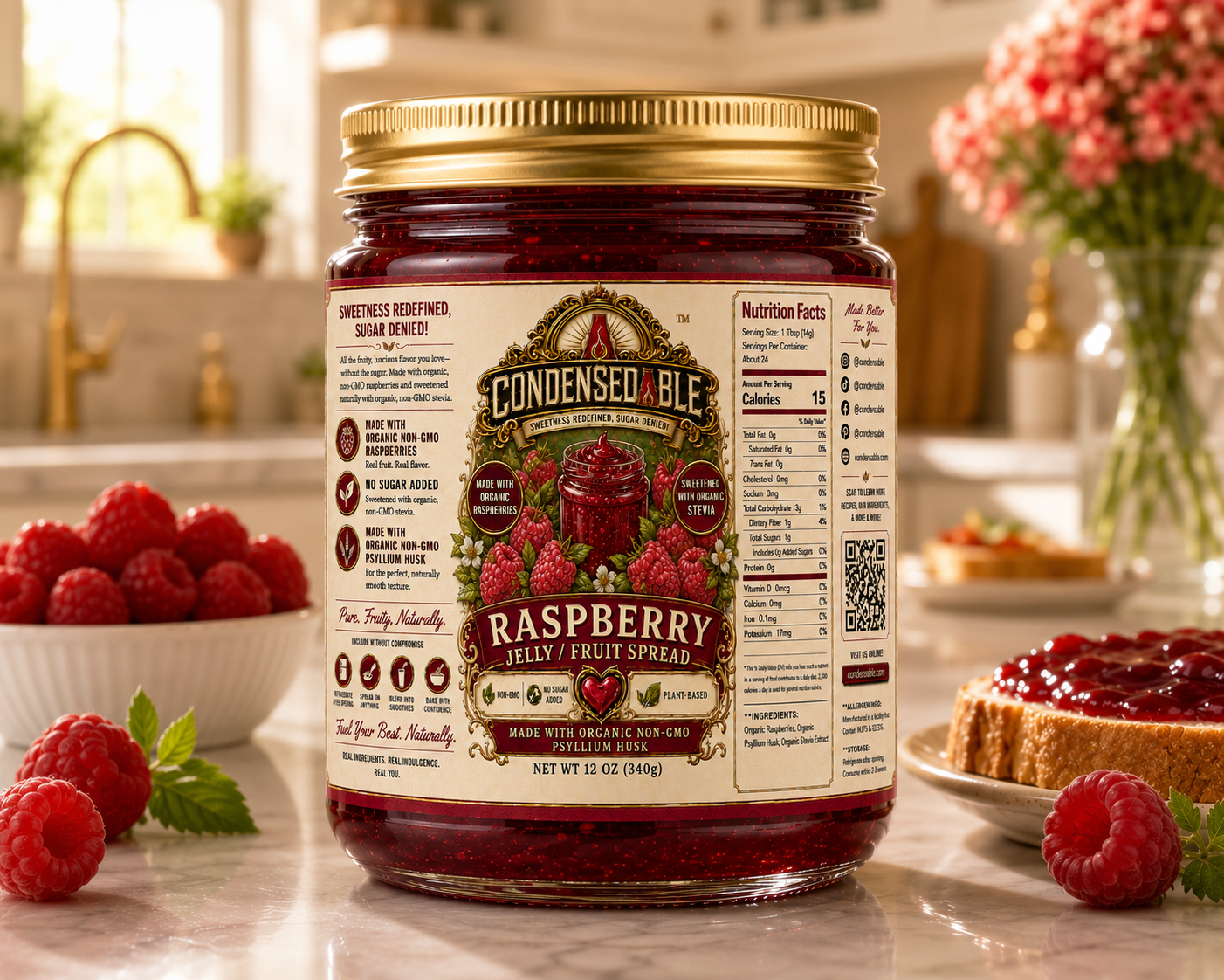 Condensedable™ Raspberry Jelly / Fruit Spread | No Sugar Added | Plant-Based | (In Glass Jar)