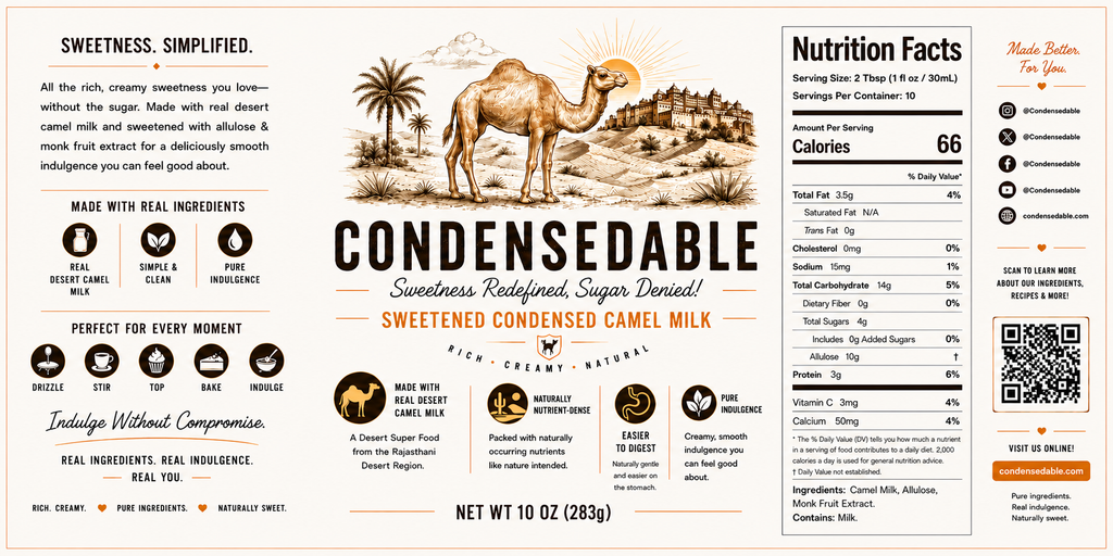 Label for Condensedable sweetened condensed camel milk with nutritional information and branding details.