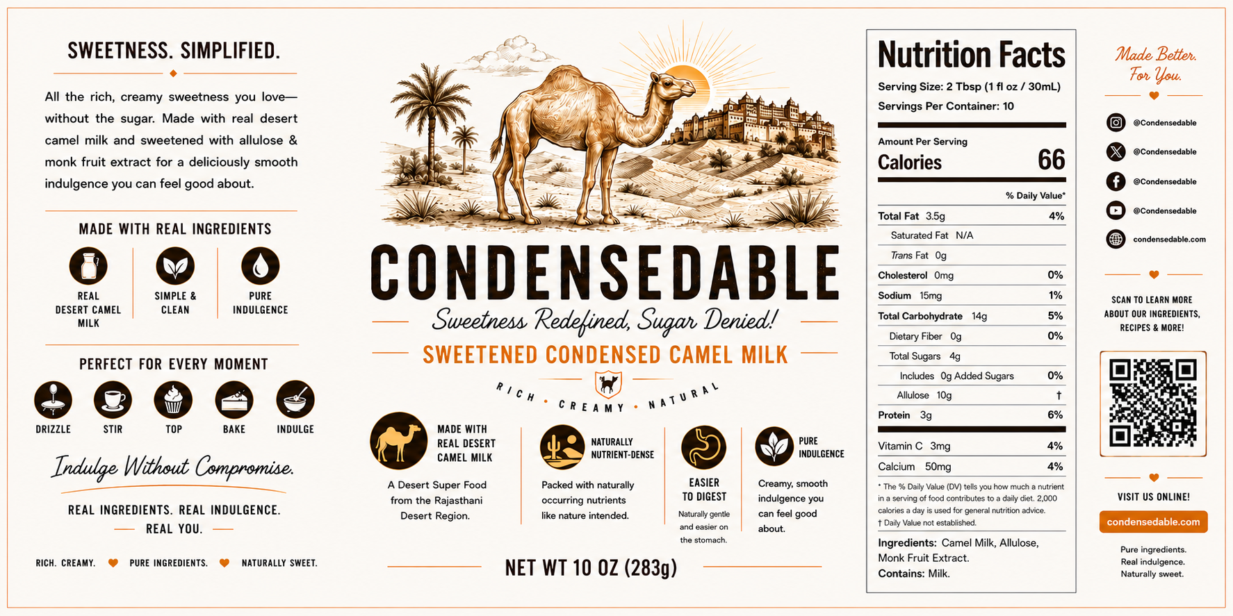 Label for Condensedable sweetened condensed camel milk with nutritional information and branding details.