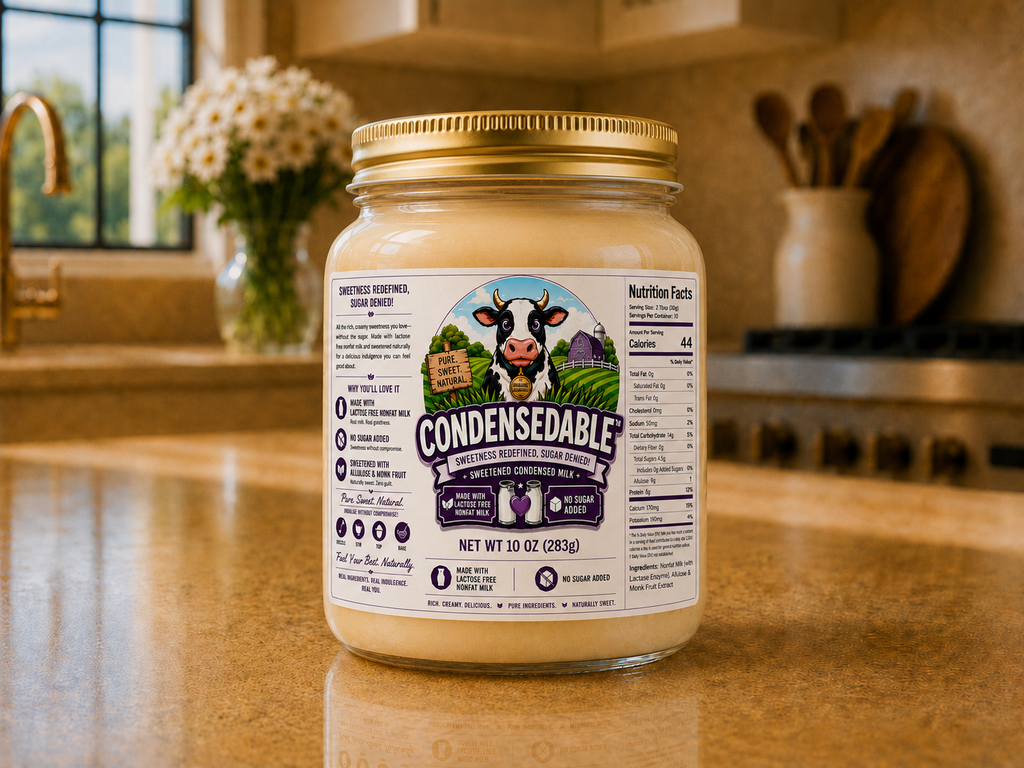 Jar of 'Condensedable' on a kitchen counter with a cow illustration on the label
