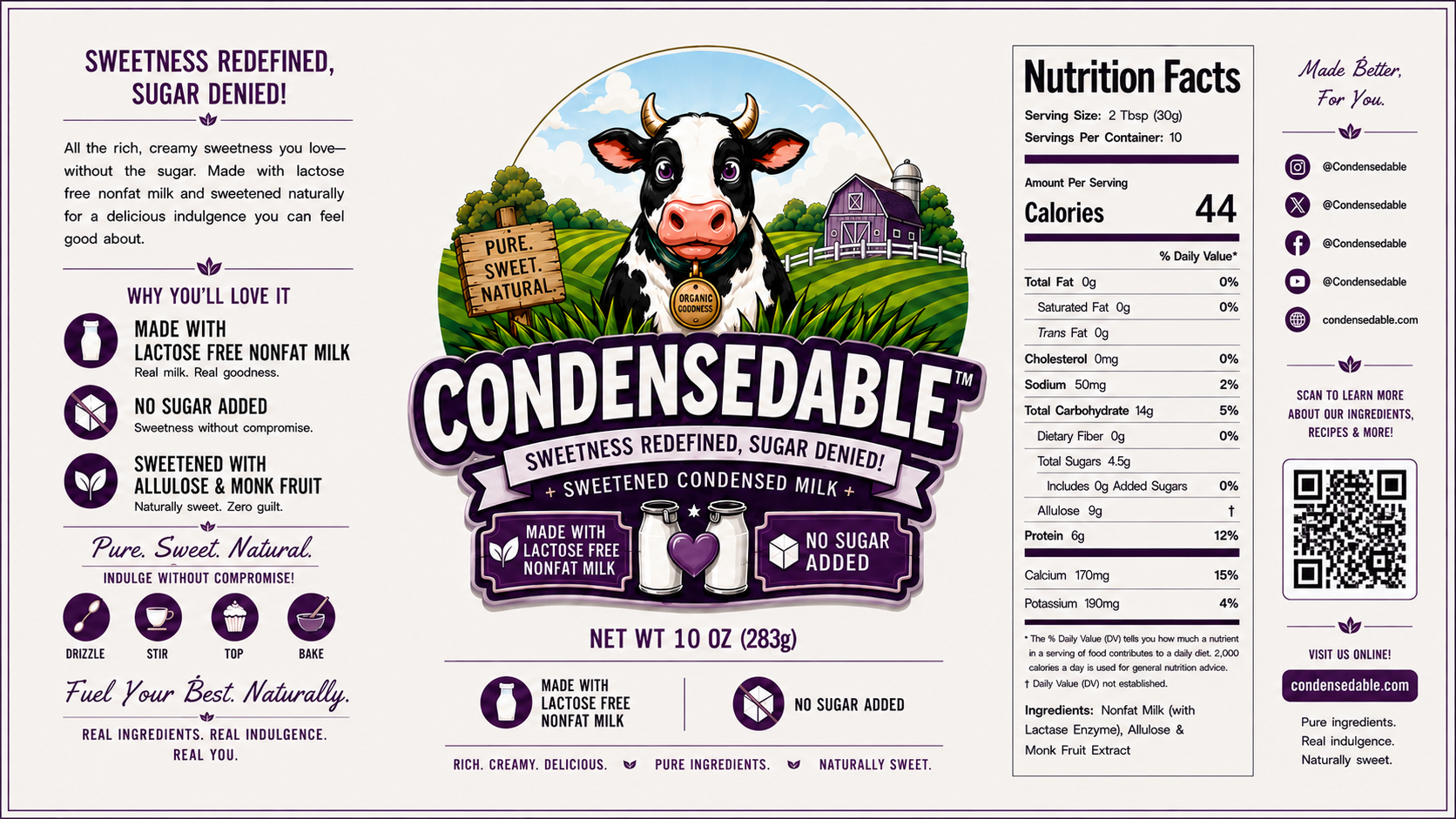 Label for Condensedable condensed milk with a cow illustration and nutritional information.