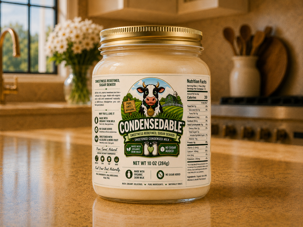 Jar of 'Condensablette' on a kitchen counter with a cow illustration on the label.