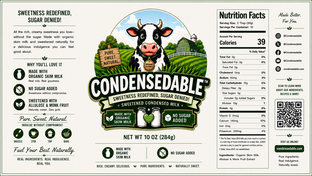 Label for Condensedable sweetened condensed milk with cow illustration and nutritional information.