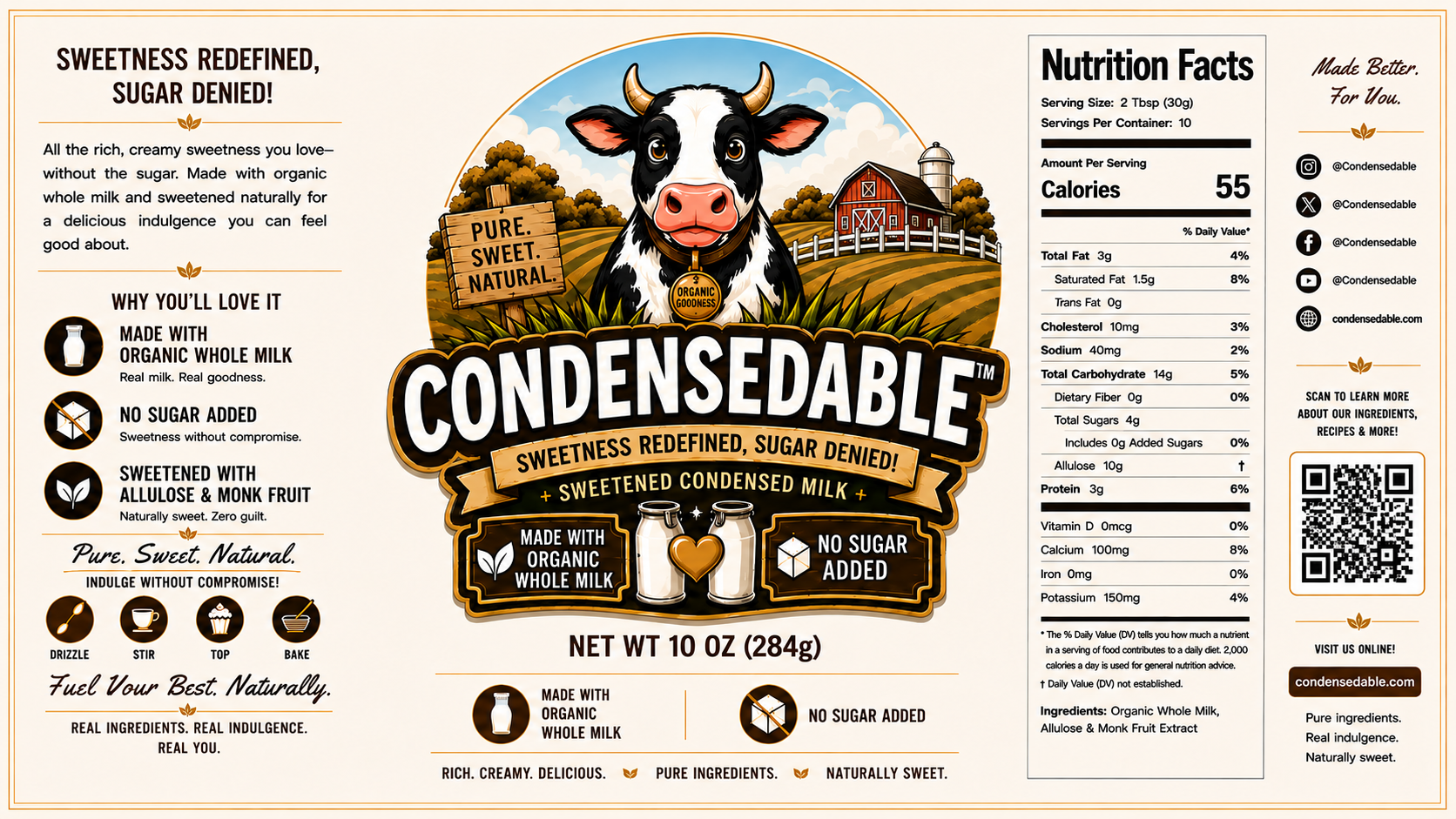 Condensedable™ Sweetened Condensed Milk – Organic Whole Milk (In Glass Jar)