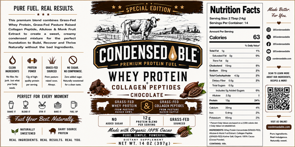 CONDENSEDABLE™ Premium Protein Fuel Chocolate Whey Protein + Collagen Peptides – Special Edition (In Glass Jar)