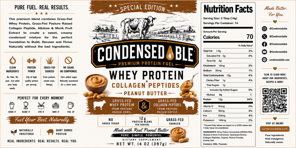 CONDENSEDABLE™ Special Edition Peanut Butter Whey Protein + Collagen Peptides 14oz. (In Glass Jar)